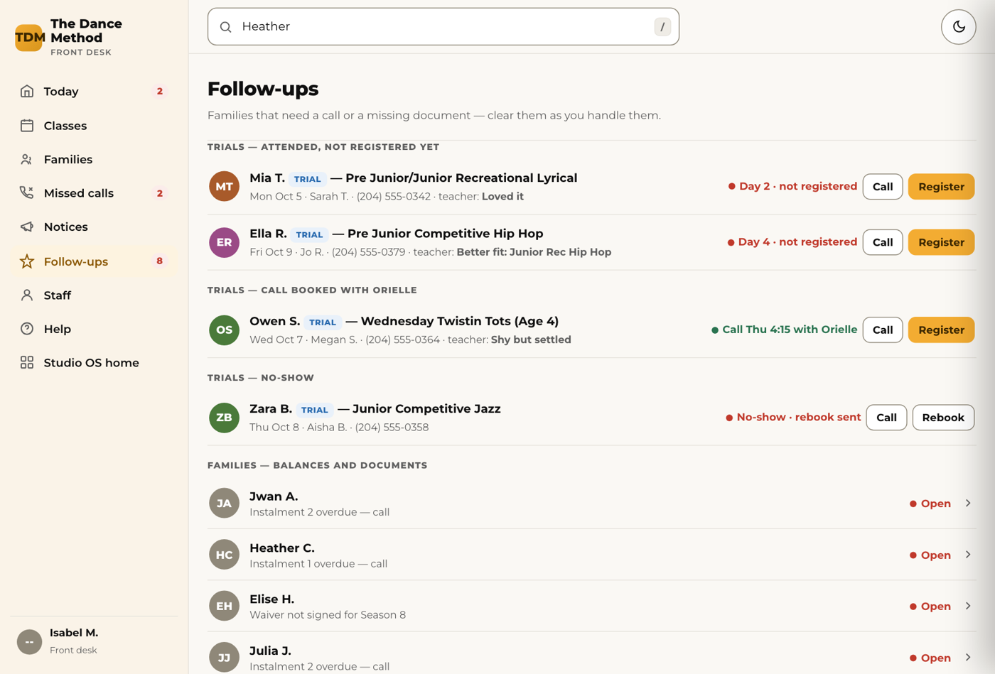 Follow-ups: trials waiting on a decision, then families with a balance or a document to sign.
