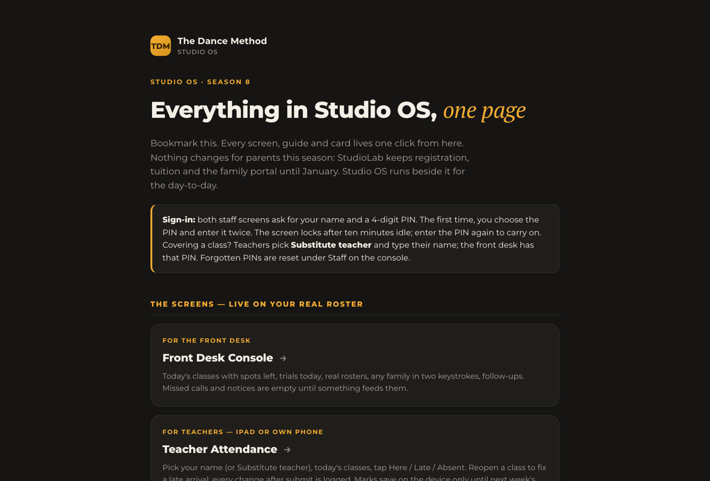 The Studio OS home page: every screen, guide and card one click away.
